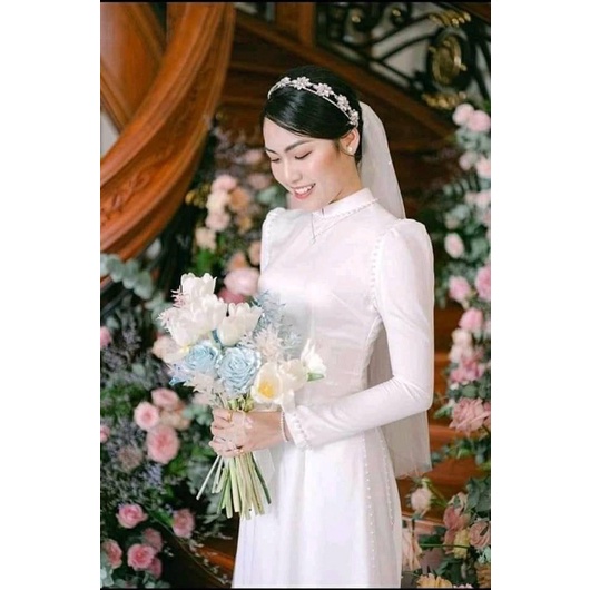 Áo dài dâu vai bồng đính hạt cổ, dọc vai tay tà áo ÁO DÀI BÍCH THÊU BT007