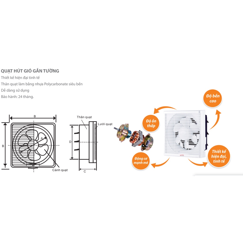 Quạt hút gió gắn tường Asia Lighting quạt thông gió nhà bếp hút mùi nhà vệ sinh động cơ mạnh mẽ độ ồn thấp