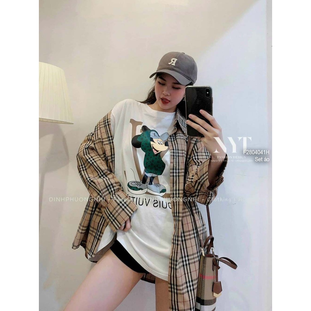 Set áo khoác sơ mi caro form rộng tay dài kèm áo thun chuột mickei tay con!