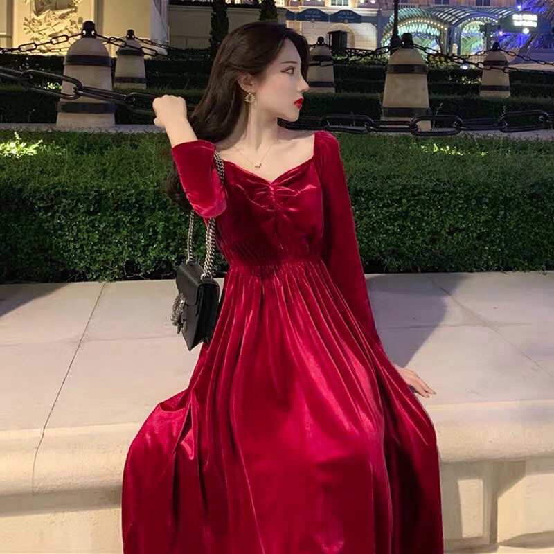 Váy nhung đỏ dài có ảnh thật