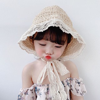 【Mũ trẻ em】Bé gái mũ rơm ren che nắng đi chơi mùa hè kèm áo chống loli biển dệt kim phiên bản Hàn Quốc