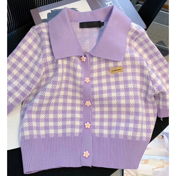 Áo Sweater Dệt Kim Tay Ngắn Cổ Polo Dáng Rộng Thiết Kế Thanh Lịch Cho Nữ