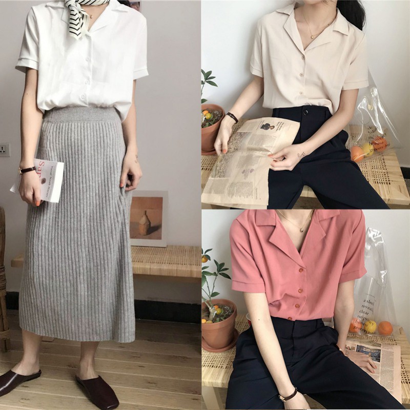 [Baywellfashion]Áo kiểu nữ tay ngắn cổ chữ V đính nút thời trang thanh lịch