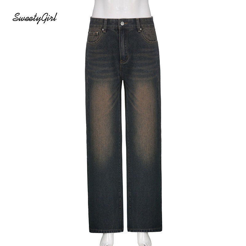 Quần Jean Dài Dáng Rộng Lưng Cao Màu Trơn Phối Túi Thời Trang 2022 Cho Nữ