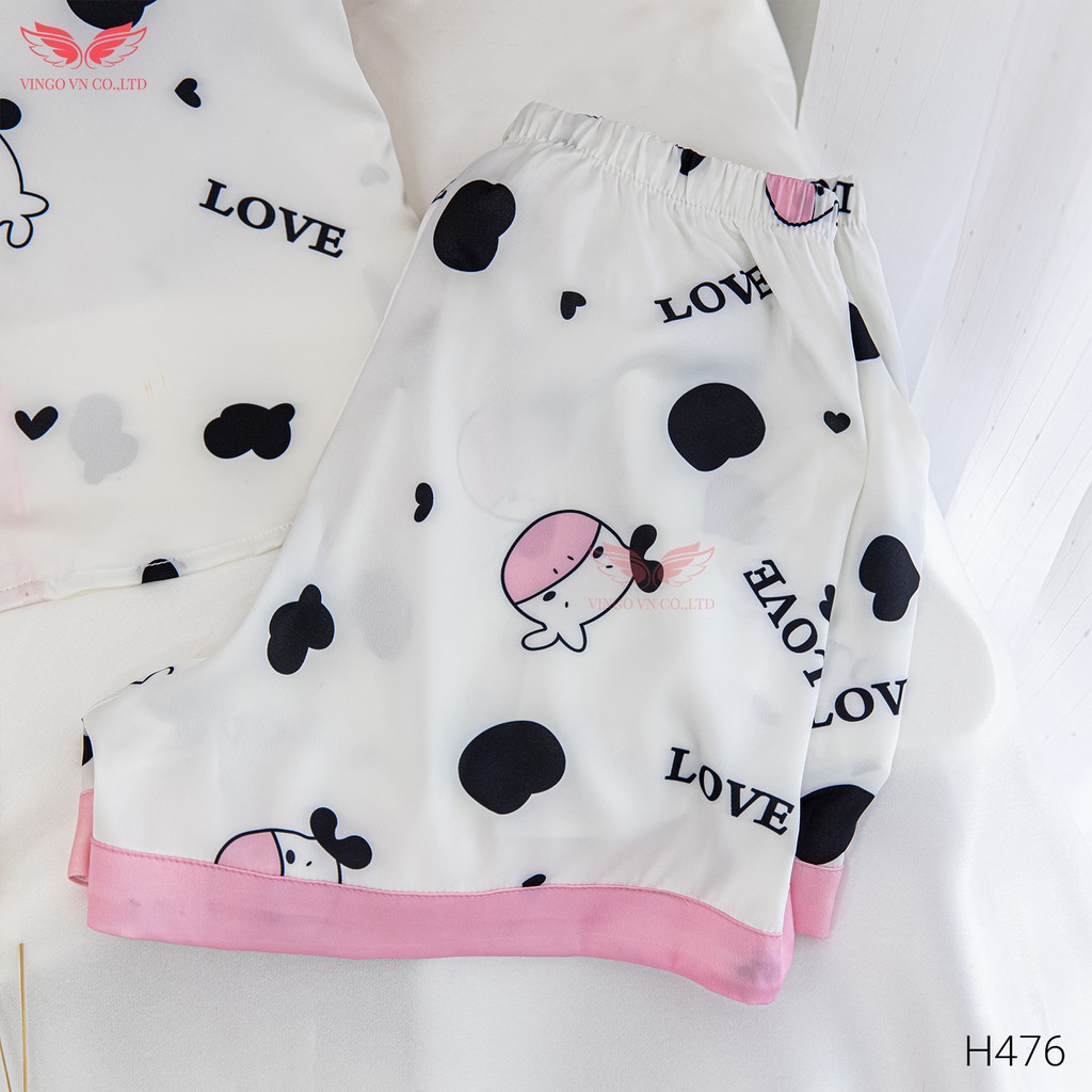 Đồ Bộ Nữ Pijama Mặc Nhà VINGO Lụa Pháp Cao Cấp Tay Cộc Quần Cộc Họa Tiết Bò Sữa Hồng Love Trẻ Trung Mùa Hè H476 VNGO