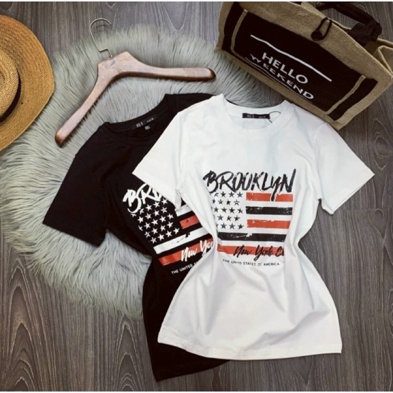 Áo thun giấy in hình lá cờ BROOKLYN tay ngắn cổ tròn