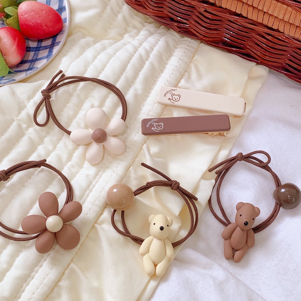 Dây Buộc Tóc Cao Su Mặt Nhám Hình Gấu Và Hoa Dễ Thương Ngọt Ngào Cho Nữ