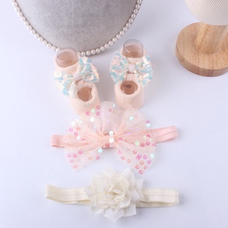 Set 2 băng đô và đôi tắt hài nơ chống trượt cho bé gái