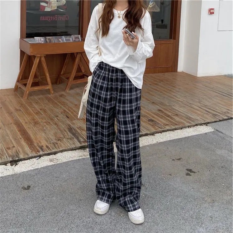 Plaid Pants Women Casual Chic Oversize Loose Wide Leg Trousers Ins Retro Teens Harajuku Hip-hop All-match Unisex Streetwear 2021