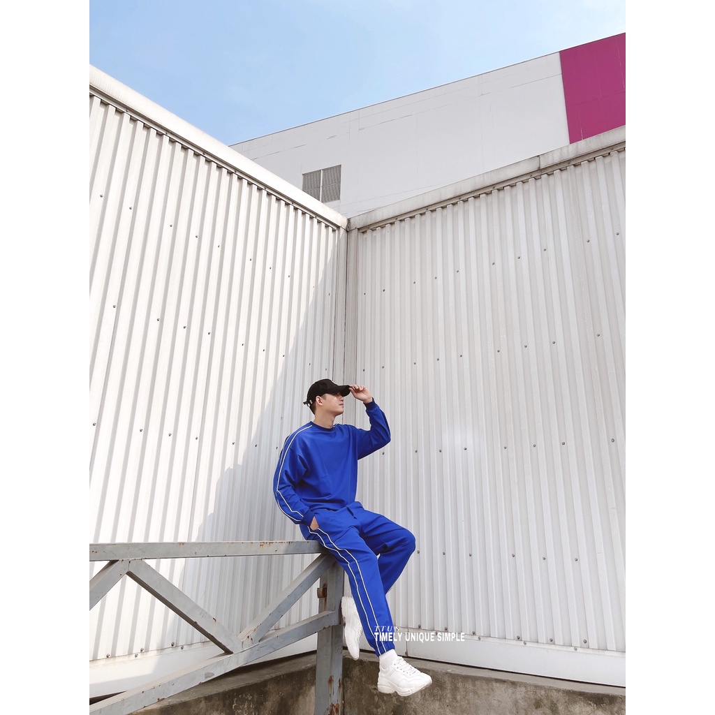 Đồ bộ nam nữ thể thao unisex chất nỉ hàn quốc xanh sọc viền trắng, Quần áo nam nữ thu đông nhập khẩu, Set đồ nam TTUS