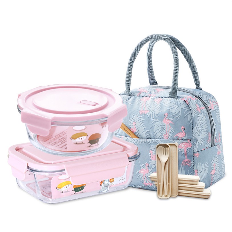 COMBO BỘ HỘP CƠM VĂN PHÒNG THỦY TINH GIỮ NHIỆT CHỊU NHIỆT ĐA CHỨC NĂNG KÈM TÚI VÀ ĐŨA THÌA