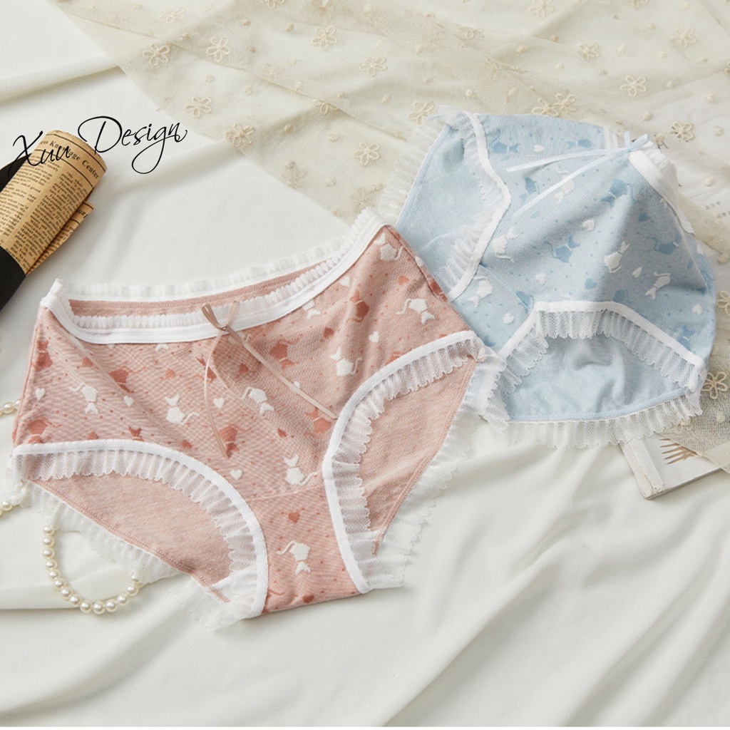 Quần lót nữ họa tiết mèo phối nơ Xuu, chất liệu cotton lạnh cao cấp QC85