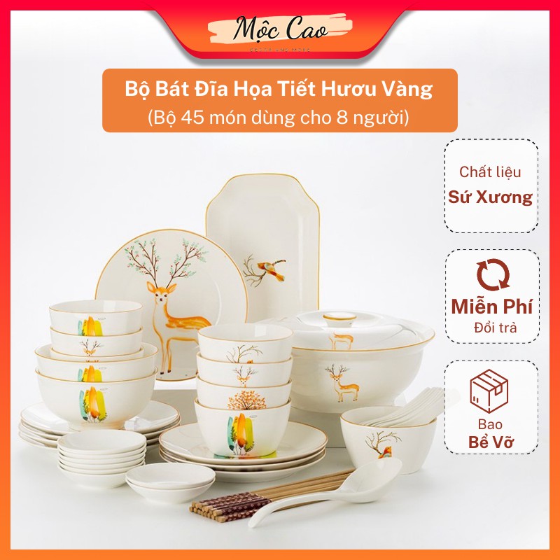 Bộ bát đĩa sứ, set bát đĩa họa tiết hươu vàng – bộ 32 món và 45 món dùng cho 8 người, bát đĩa decor phụ kiện bàn ăn