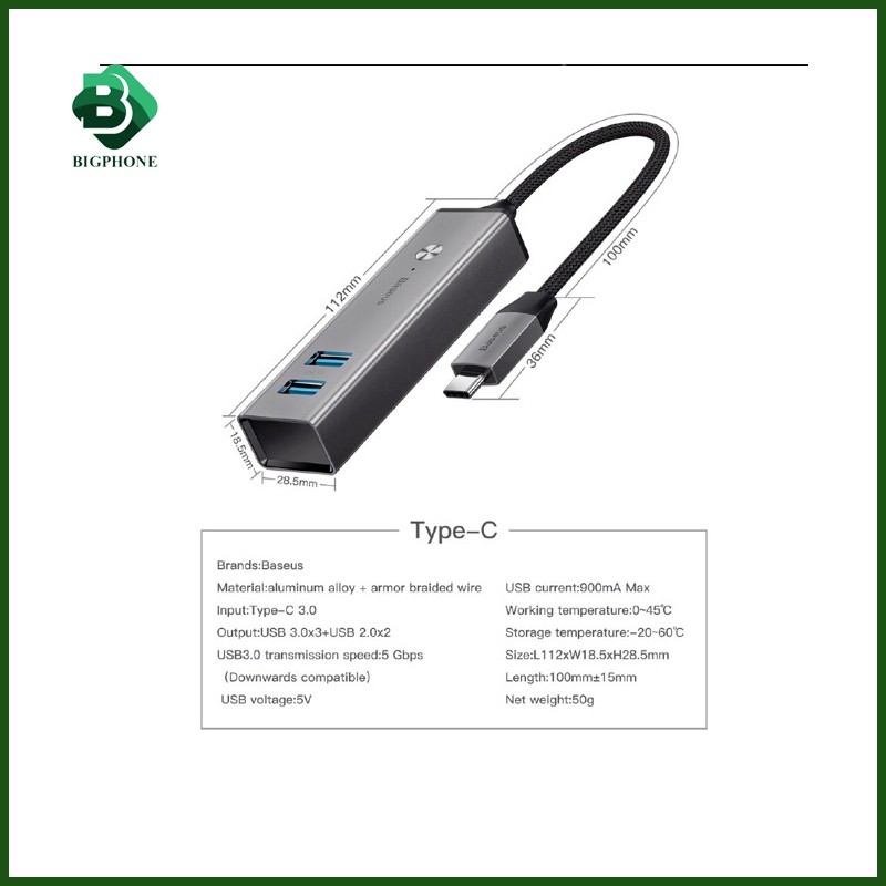 HUB chuyển đổi Type C sang USB 3.0 Baseus Cube HUB (Type C 3.0 to 3 USB3.0 + 2 USB2.0 OTG HUB)