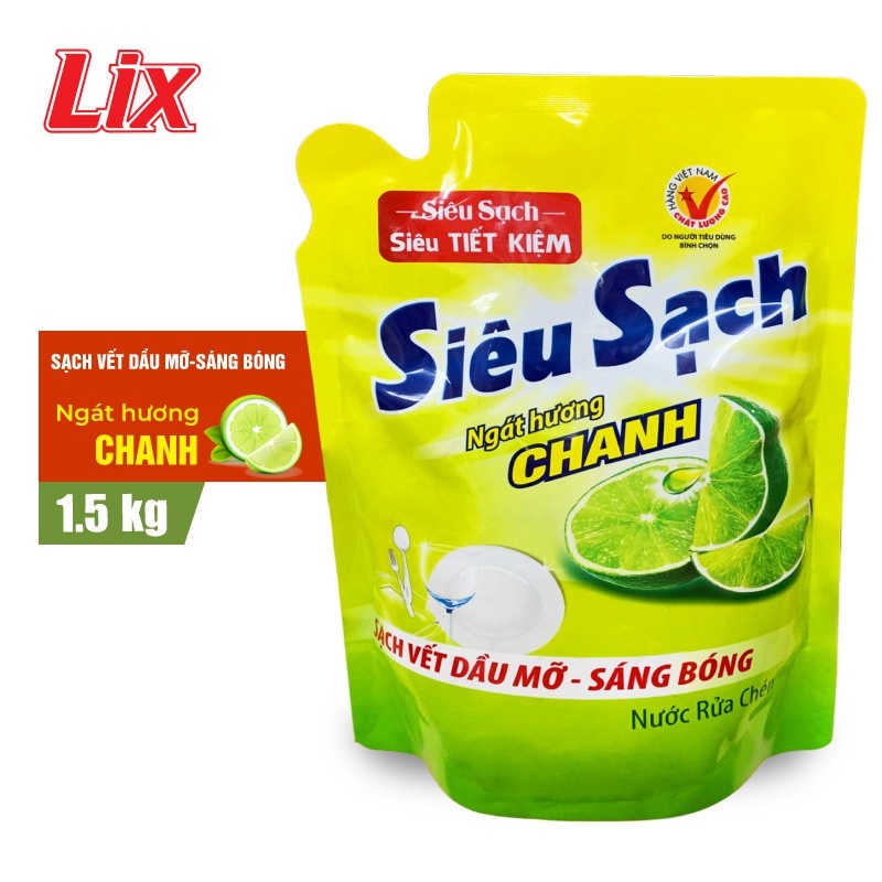 Nước Rửa Chén LIX Túi 1.5KG Siêu Sạch Hương Chanh - Trà Xanh