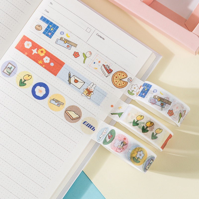 Bộ hộp 3 cuộn băng dính washi tape + 4 stickers GuangBo 4 chủ đề trang trí sổ Bullet Journal H97045