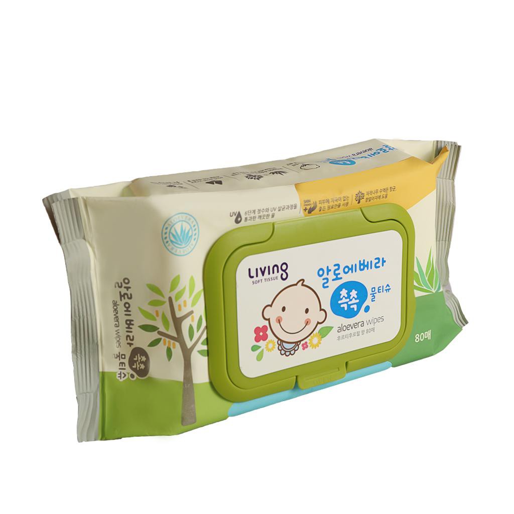 Khăn giấy ướt nha đam LIVING VERA CHOK CHOK Aloe Hàn Quốc - 80 tờ - khăn giấy ướt giữ ẩm da tay