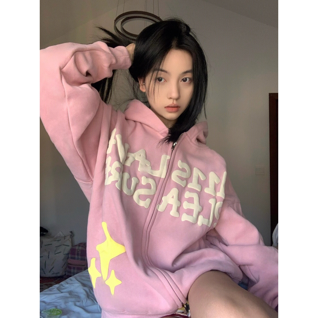 Áo hoodie thiết kế mùa thu 2022 màu hồng có khóa kéo dành cho nữ