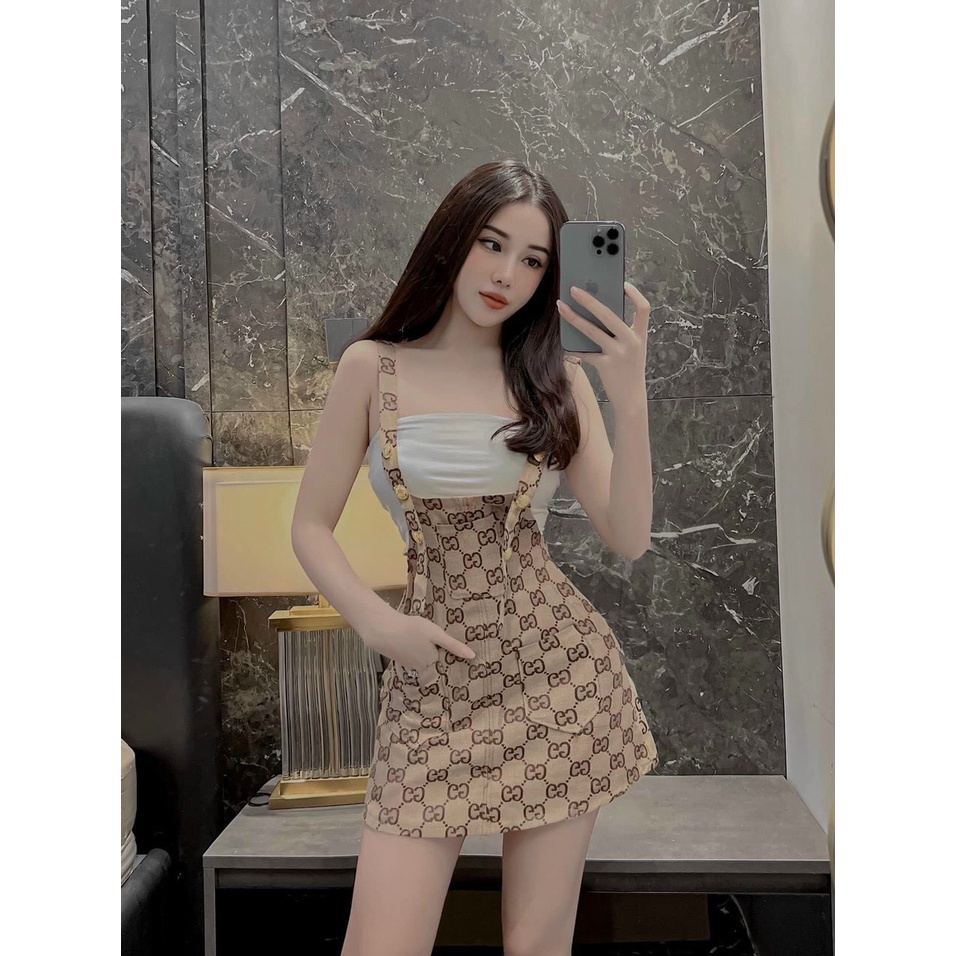 [9.9 Sales Freeship] Set yếm váy kaki nữ in họa tiết kèm áo ống trắng, set yếm váy phối túi dạo phố trẻ trung, cá tính