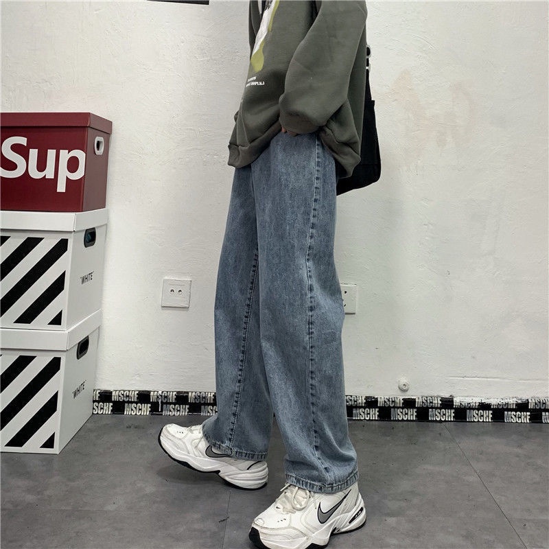 Quần jean ống rộng dáng suông thời trang retro phong cách Hàn Hong Kong cho nam nữ 19YD110