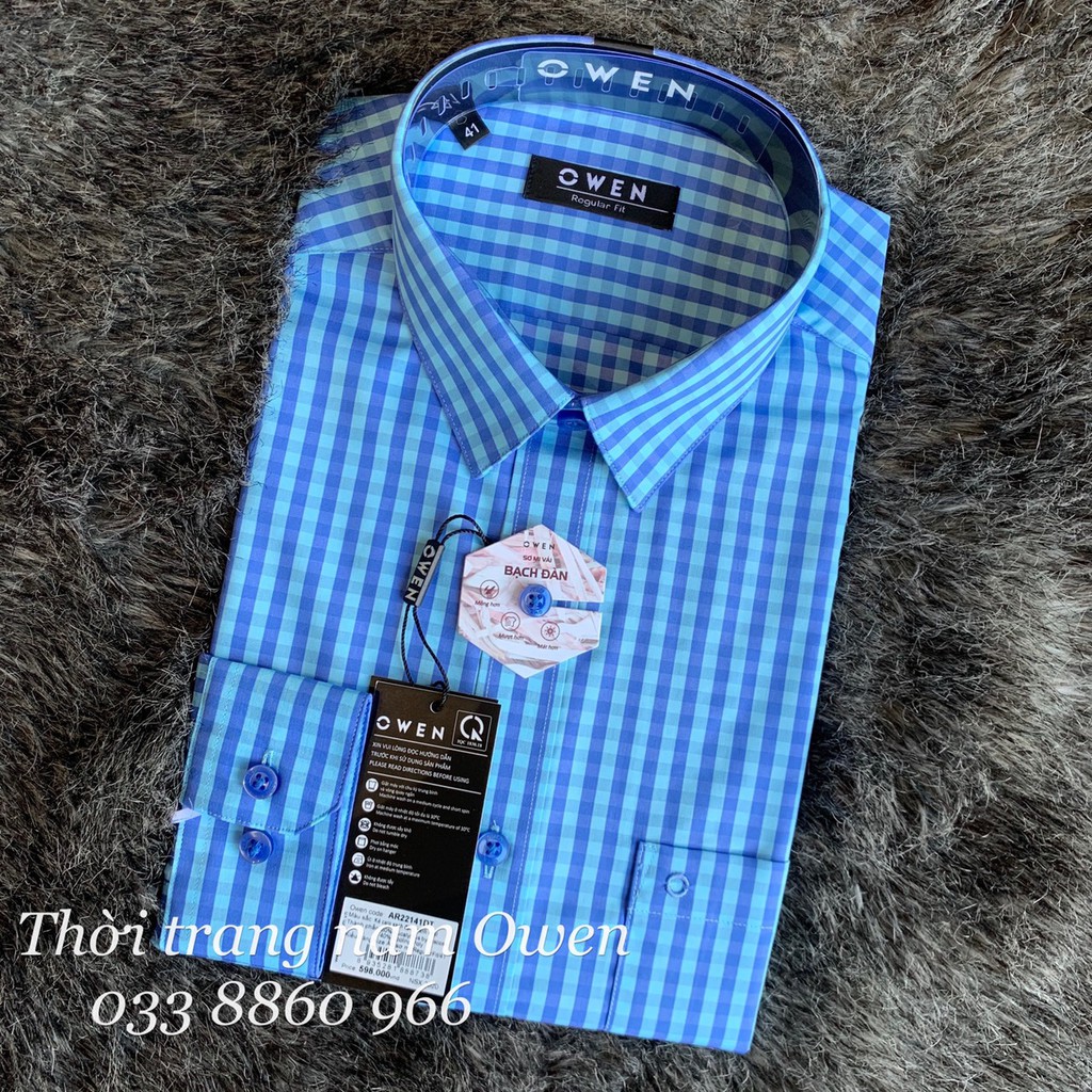 OWEN - Áo sơ mi dài tay Owen Slimfit chất sợi tre kẻ ngang xám xanh 23314