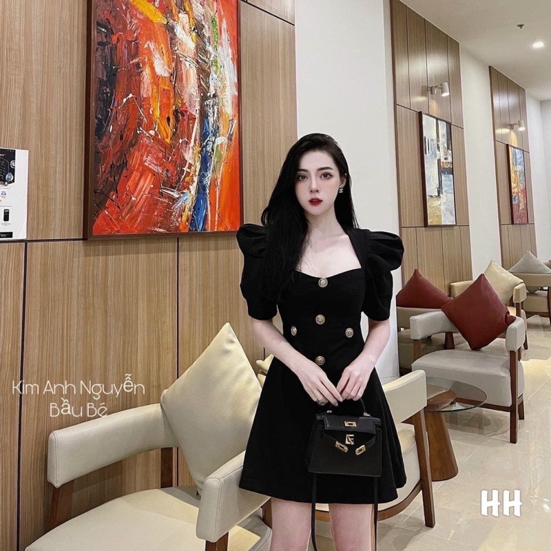 Váy kaki cổ vuông tay bồng hàng loại 1 dáng chữ A hottrend 2022