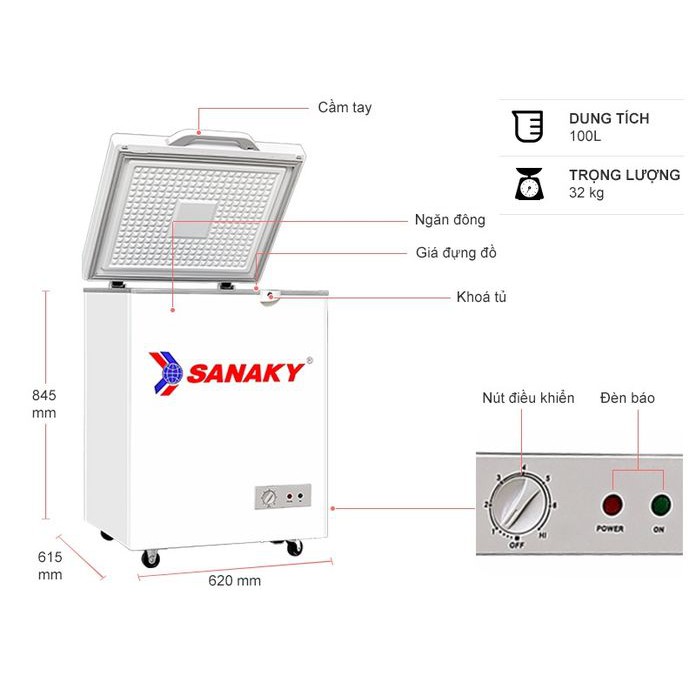 Tủ Đông Sanaky VH-1599HYKD 100 Lít (Kính cường lực màu xanh ngọc)