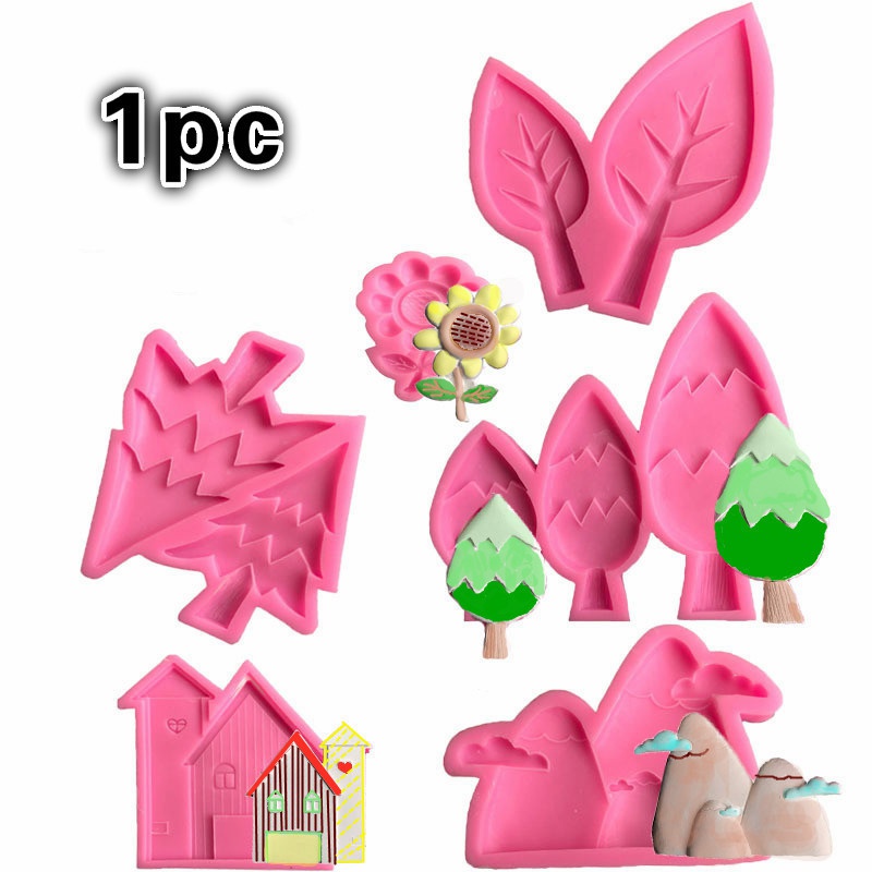 Khuôn Silicone Tạo Hình Làm Bánh Kẹo Hình Ngôi Nhà Núi Hoa Hướng Dương
