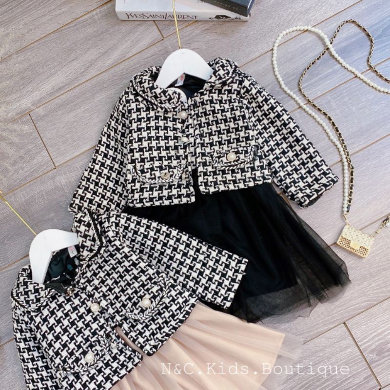 [Xả hàng] Sét váy dạ tweed chân váy ren bồng kèm áo khoác cúc ngọc cho bé gái, set dạ tweed diện Tết cho bé cực xinh