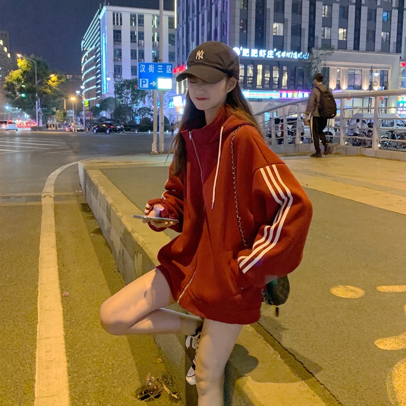 IELGY  Áo Nỉ Tay Dài Cổ Lọ Dáng Rộng Có Khóa Kéo Thời Trang Cho Nữ