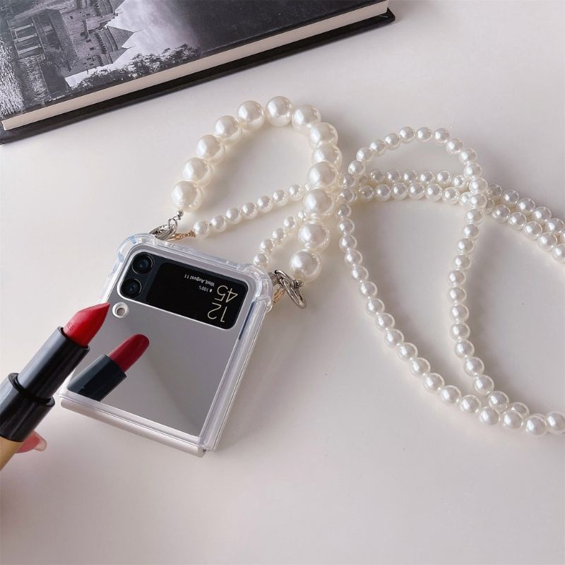 Ốp Samsung Galaxy Z Flip5 - Z Flip 4 - ZFlip3 - Flip4 5G tráng gương kèm combo 2 dây ngọc đơn giản sang trọn