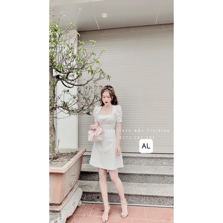 Váy cổ vuông tay bồng rúm sườn 2 màu