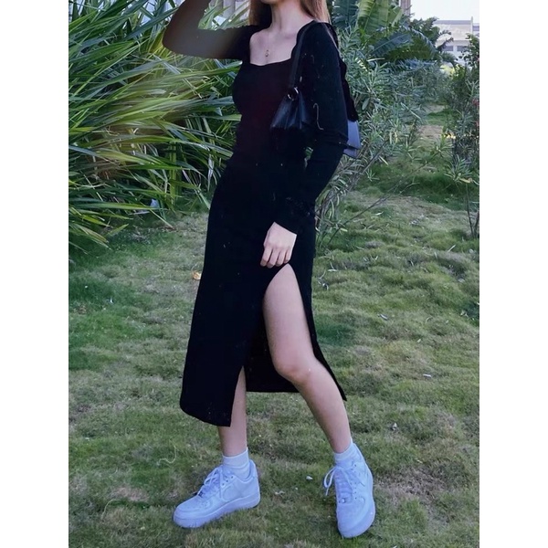 Đầm Dài Thun Ôm Body Tay Dài Xẻ Đùi