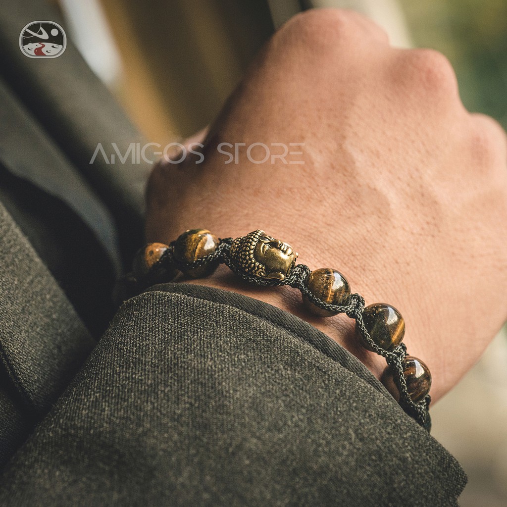Vòng phong thủy handmade mix đá mắt hổ vàng + charm Thích Ca Bằng Đồng