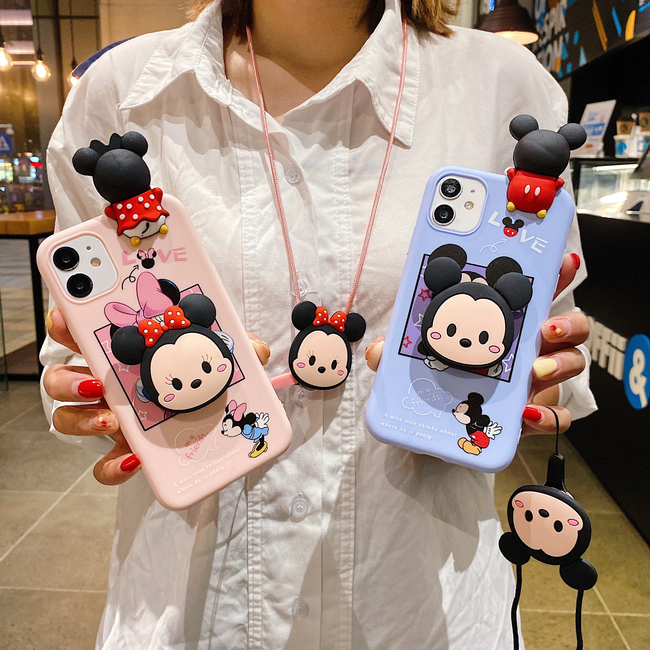 Ốp điện thoại TPU họa tiết Mickey/Minnie có dây đeo dành cho iPhone 12 11 Pro Max X XS MAX XR iPhone 6 6s 7 8 Plus