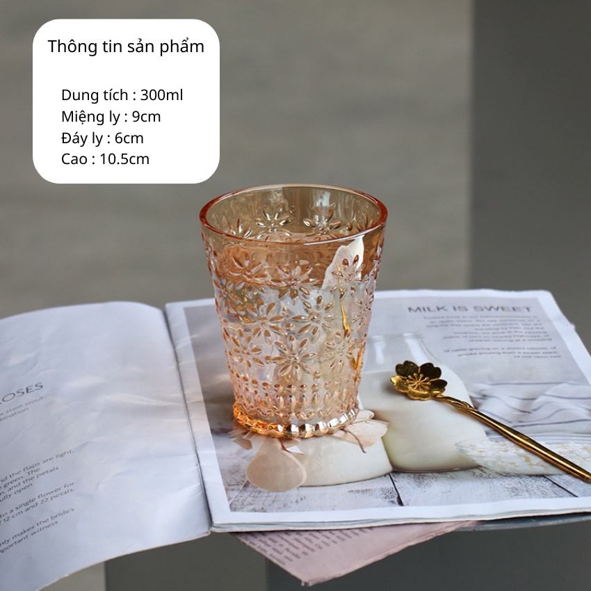 Ly thủy tinh hoa văn nổi phong cách cổ điển, cốc thủy tinh đẹp dùng để uống trà, nước ép, soda, dung tích 350ml-maydecor