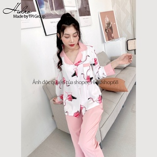 Bộ Pijama Lụa Hạc Dài Tay Chất Lụa Cao Cấp Mềm Mịn Mát