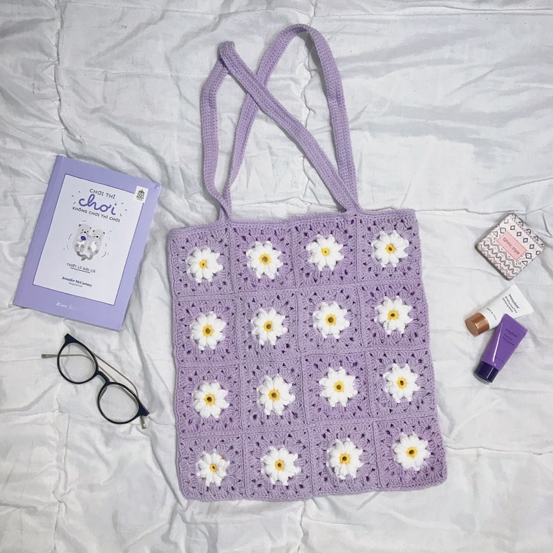 Túi tote hoạ tiết hoa daisy móc thủ công nữ tính xinh xắn