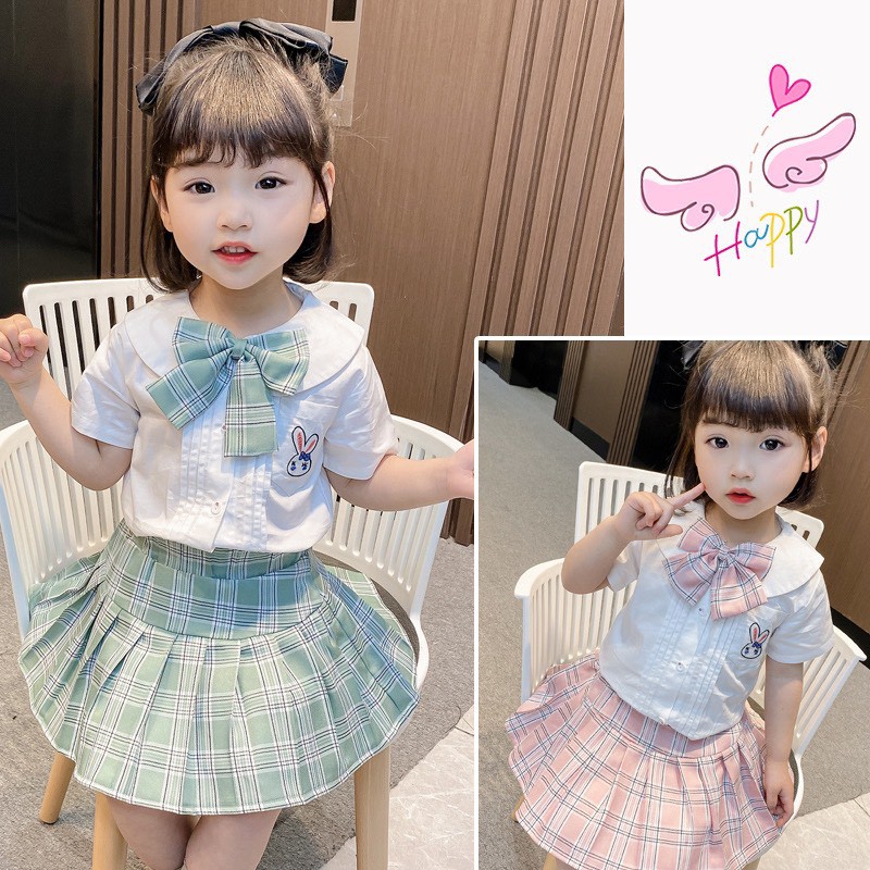 Váy Bé Gái, Set áo sơ mi + chân váy bé gái kiểu nữ sinh đáng yêu