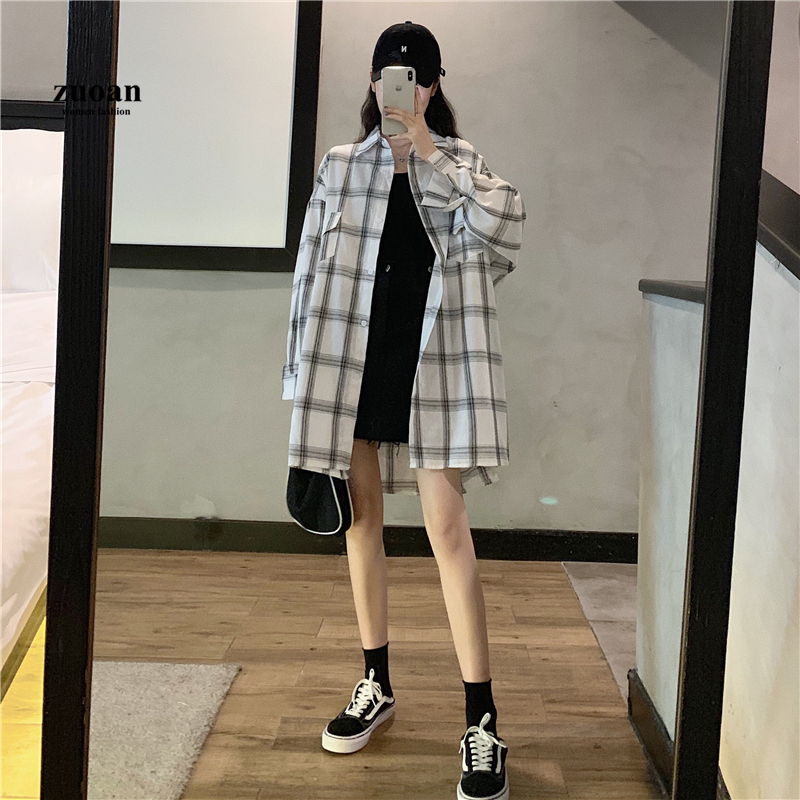 SUXI Áo sơ-mi tay dài họa tiết kẻ ca rô hợp thời trang cho nữ