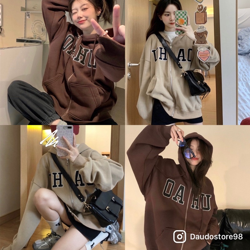 Áo khoác nỉ có mũ 2 lớp DAHU khoá zip FREESHIP Áo hoodie form rộng nỉ ngoại 2 màu thêu chữ bo tay cực xinh