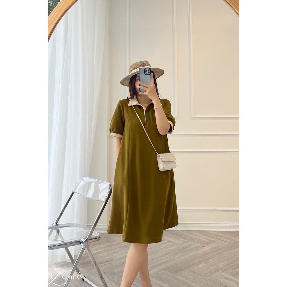 [NEW ARRIVIAL] Đầm bầu đẹp dáng suông TIXI DRESS, váy bầu cổ polo phối be, chất nỉ tổ ong co dãn 4 chiều thiết kế bới L'