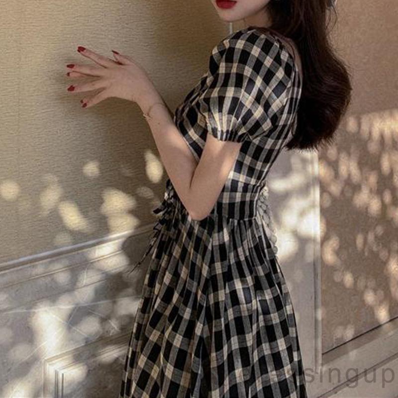 Đầm Nữ Ngắn Tay Cổ Chữ V Họa Tiết Sọc Ca Rô Thời Trang