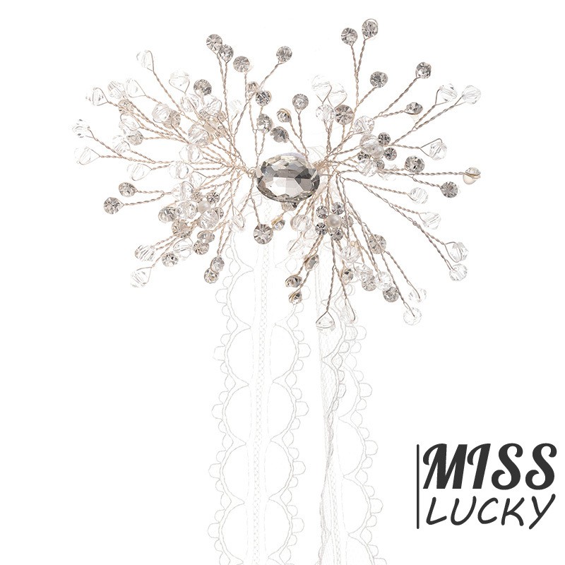 Trâm cài tóc phối vải ren đính ngọc trai dễ thương cho cô dâu