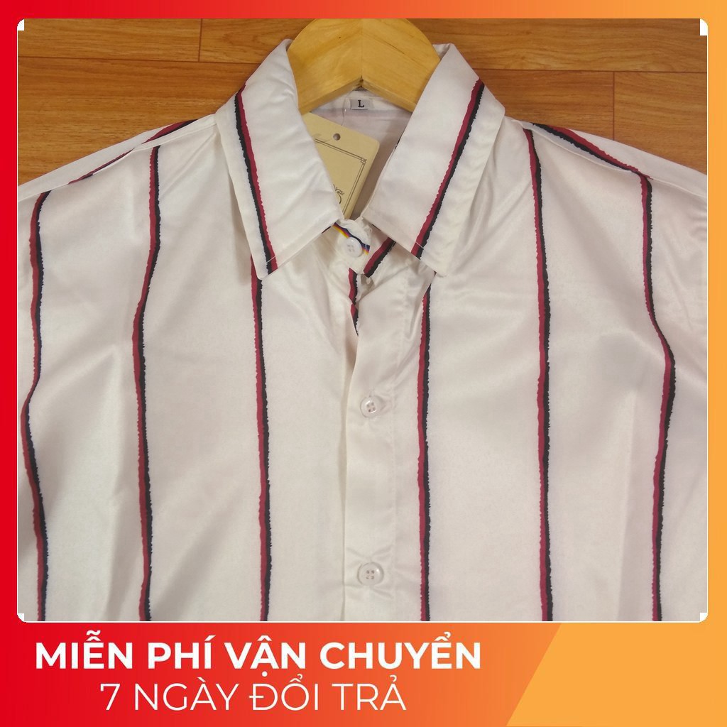 (sale giá sốc) Áo sơ mi nam Hàn Quốc tay dài màu trắng sọc nhỏ đỏ đen 033