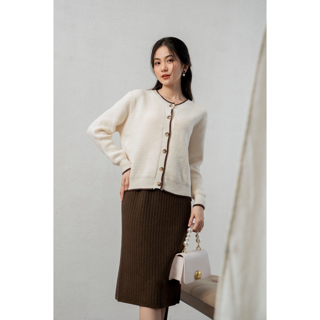 Áo cardigan len cổ tròn phối viền khuy cài TIINSTORE G21195