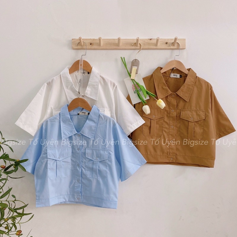 (T.U Bigsize 50-80kg) Áo Sơ Mi Croptop Khuy Bấm A30
