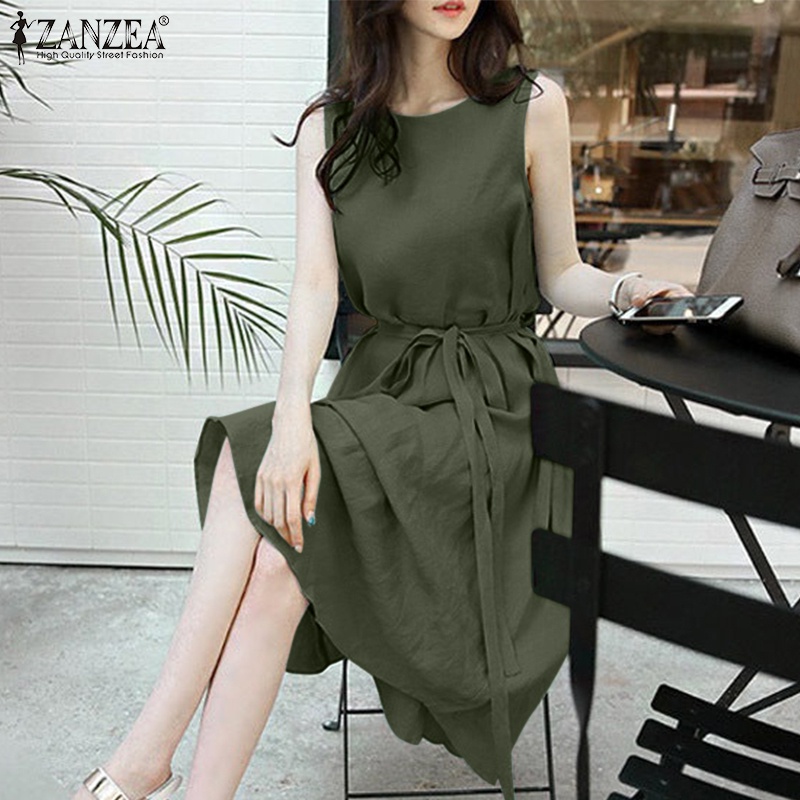 Đầm dài Zanzea không tay cổ tròn màu trơn kèm thắt lưng thời trang nữ tính