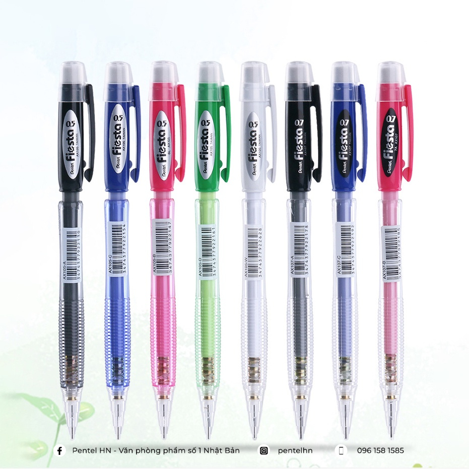 Bút Chì Kim Pentel Fiesta AX105 Ngòi 0.5mm | Thiết Kế Thân Trong Đẹp Mắt | Trang Bị Đầu tẩy | 4 Màu Vỏ