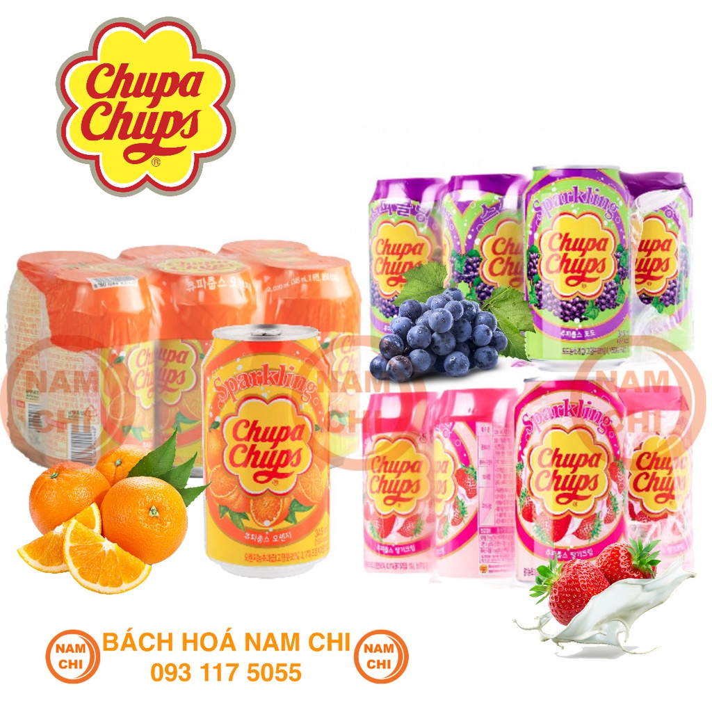 [LỐC 6 LON] Nước Ngọt Vị Kẹo Chupa Chups Có 3 Hương Vị Dâu Nho Cam - Hàn Quốc